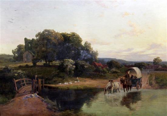 Thomas Pyne (1843-1935) Horses and cart crossing a ford, a church beyond 29 x 40in.